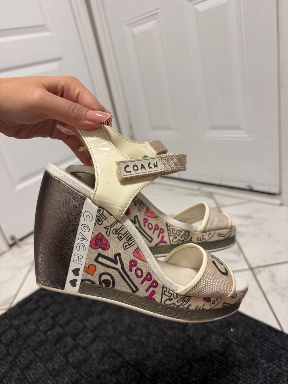 Coach Ivory Patent & Metallic Logo-Print Wedge Sandals